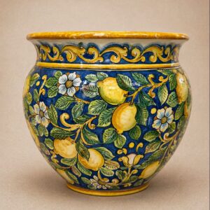 Vaso Tondo Con Decoro Limoni e Blu